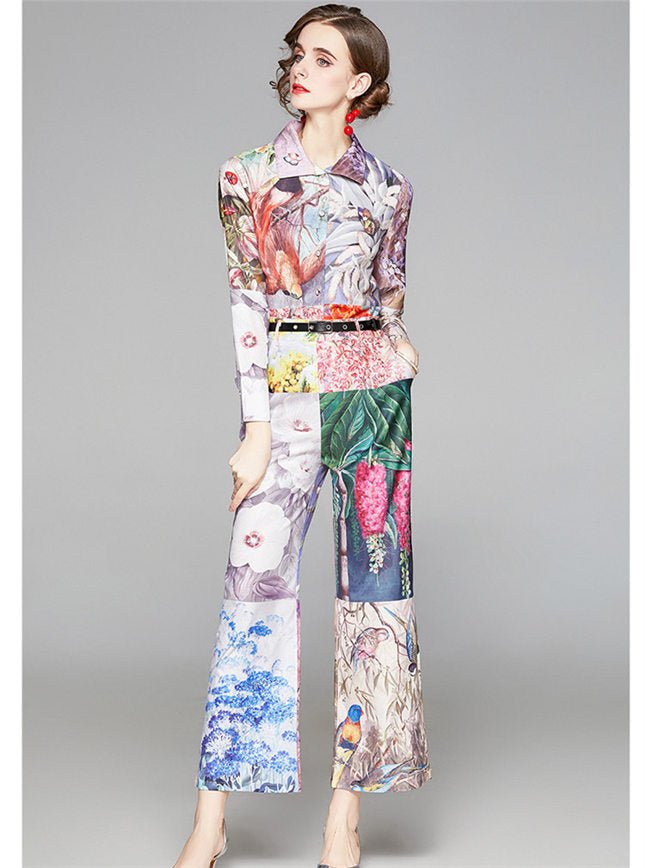 CM-SF103120 Women Elegant European Style High Waist Floral Wide-Leg Long Suits