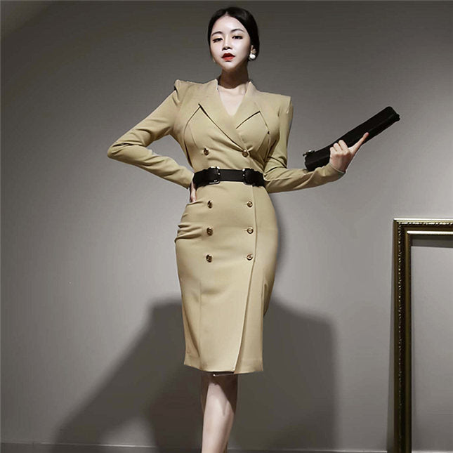 CM-DF110101 Women Casual Seoul Style Tailored Collar Double-Breasted Slim Dress