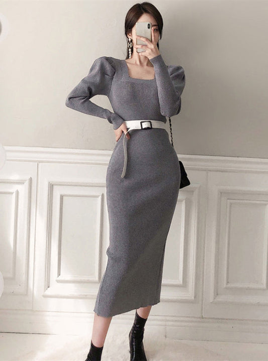 CM-DF110103 Women Casual Seoul Style Square Collar Belt Waist Knitting Dress (Available in 2 colors)