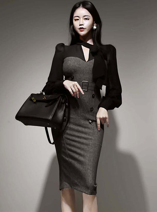 CM-DF110107 Women Retro Seoul Style Chiffon Puff Sleeve Double-Breasted Slim Dress