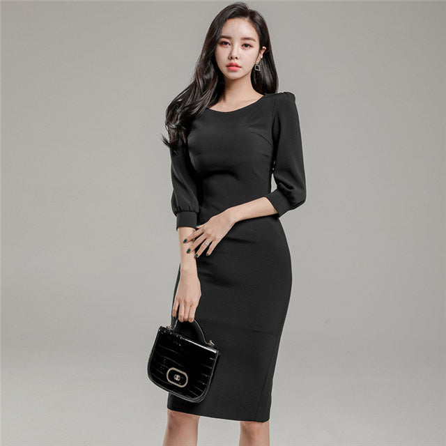 CM-DF110108 Women Casual Seoul Style Round Neck Backless Zipper Slim Dress - Black