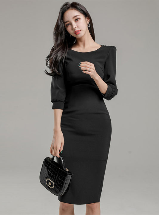 CM-DF110108 Women Casual Seoul Style Round Neck Backless Zipper Slim Dress - Black