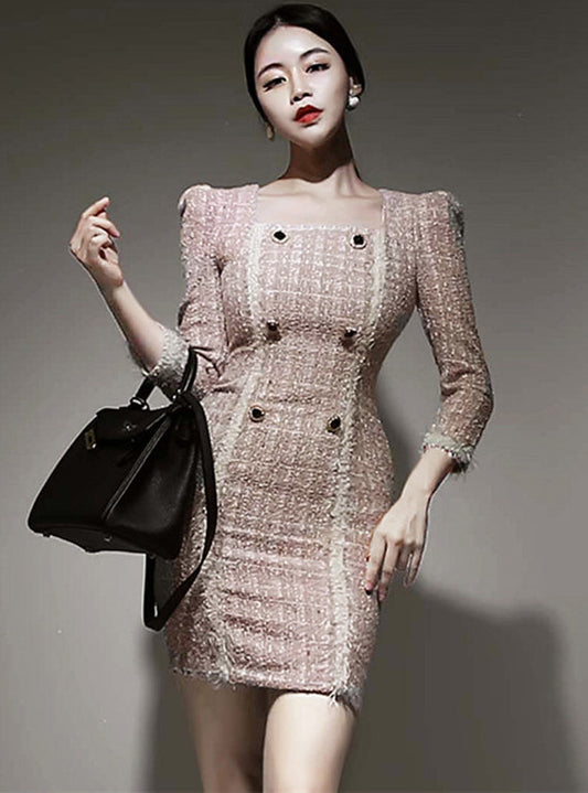 CM-DF110120 Women Casual Seoul Style Square Collar Double-Breasted Tweed Dress - Pink