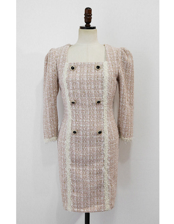 CM-DF110120 Women Casual Seoul Style Square Collar Double-Breasted Tweed Dress - Pink