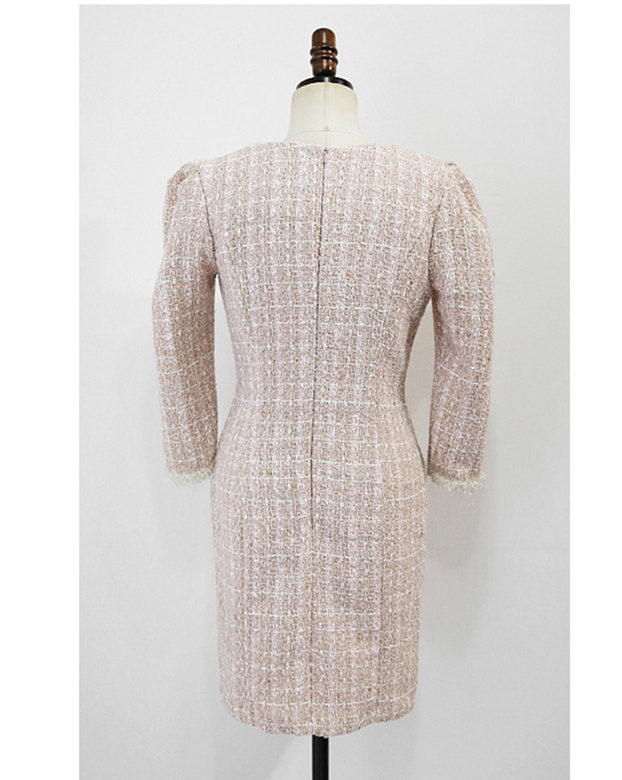 CM-DF110120 Women Casual Seoul Style Square Collar Double-Breasted Tweed Dress - Pink