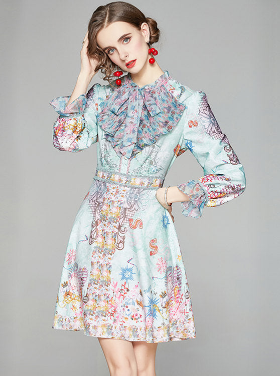 CM-DF110304 Women Retro European Style Flouncing Collar Floral A-Line Dress