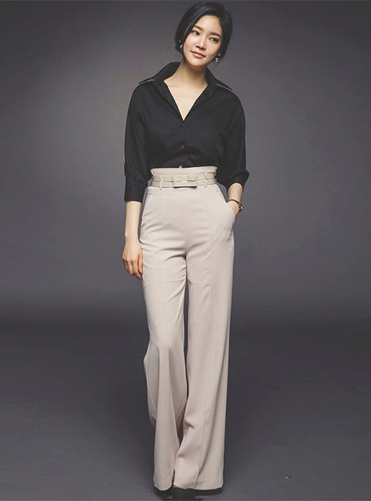 CM-SF110403 Women Elegant Seoul Style Shirt Collar Blouse With Wide-Leg Long Pants - Set