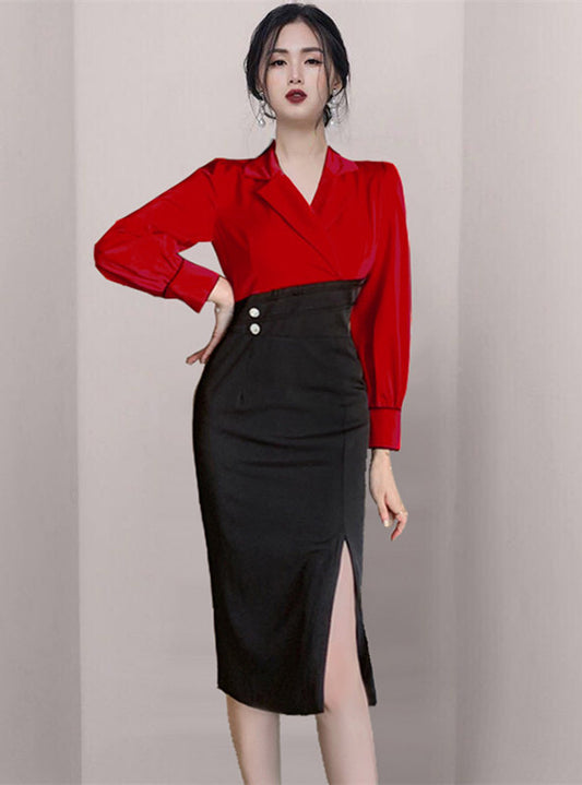 CM-DF110402 Women Elegant European Style Tailored Collar High Waist Bodycon Dress