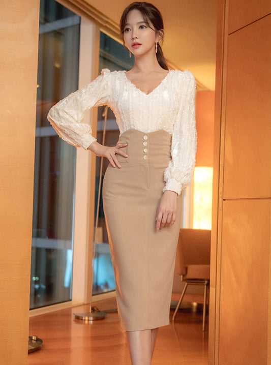 CM-SF110410 Women Elegant Seoul Style V-Neck Lace Blouse With High Waist Skinny Skirt - Set