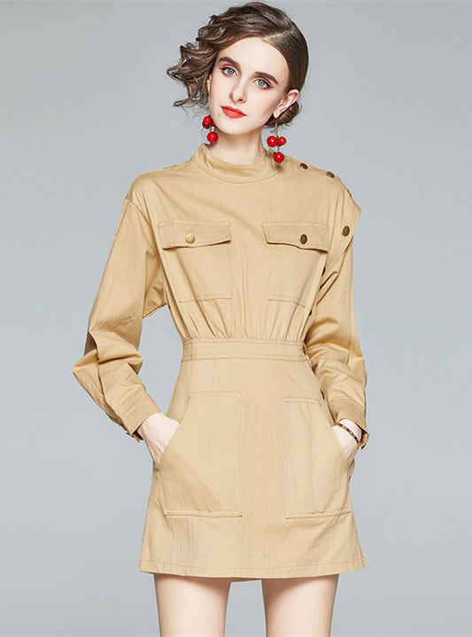 CM-DF110712 Women Casual European Style Fitted Waist Puff Sleeve A-Line Dress - Khaki
