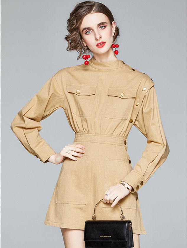 CM-DF110712 Women Casual European Style Fitted Waist Puff Sleeve A-Line Dress - Khaki