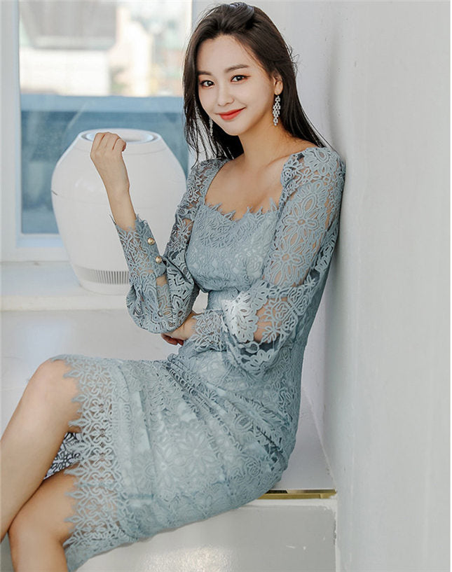 CM-DF110718 Women Charming Seoul Style V-Neck Lace Hollow Out Bodycon Puff Sleeve Dress