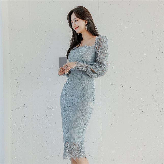 CM-DF110718 Women Charming Seoul Style V-Neck Lace Hollow Out Bodycon Puff Sleeve Dress