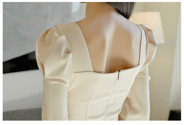 CM-DF110905 Women Charming Seoul Style Square Collar Splicing Puff Sleeve Slim Dress