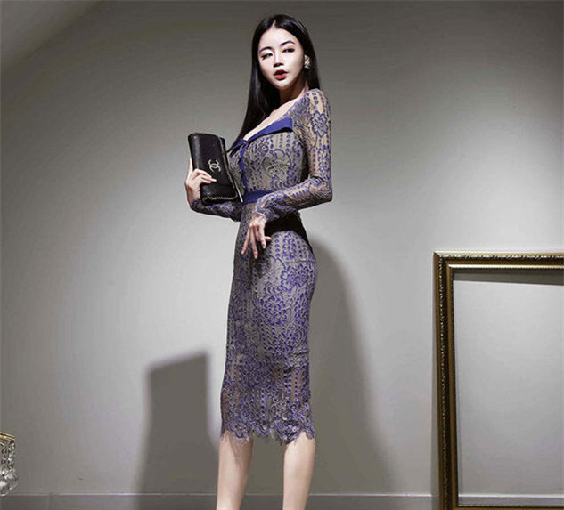 CM-DF110902 Women Retro Seoul Style Square Collar Lace Bodycon Midi Dress (Available in 2 colors)
