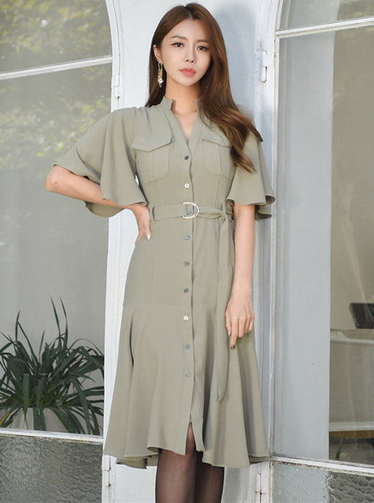 CM-DF110913 Women Casual Seoul Style Tie Waist Flouncing Sleeve Shirt A-Line Dress - Green