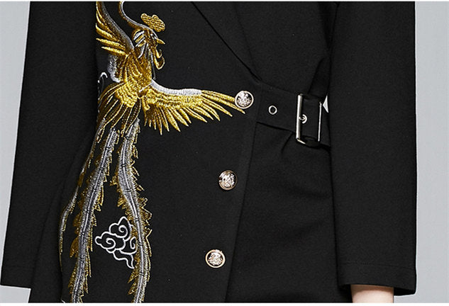 CM-DF111006 Women Elegant European Style Phoenix Embroidery Belt Waist A-Line Dress