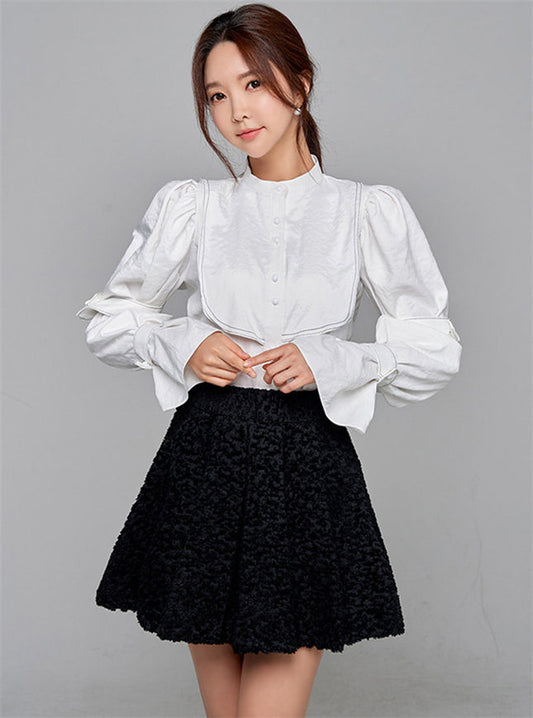CM-SF111112 Women Casual Seoul Style Puff Sleeve Blouse With Flouncing A-Line Skirt - Set
