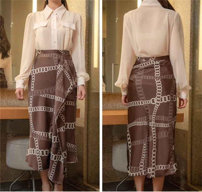 CM-SF111406 Women Casual Seoul Style Puff Sleeve Blouse With High Waist Long Skirt - Set