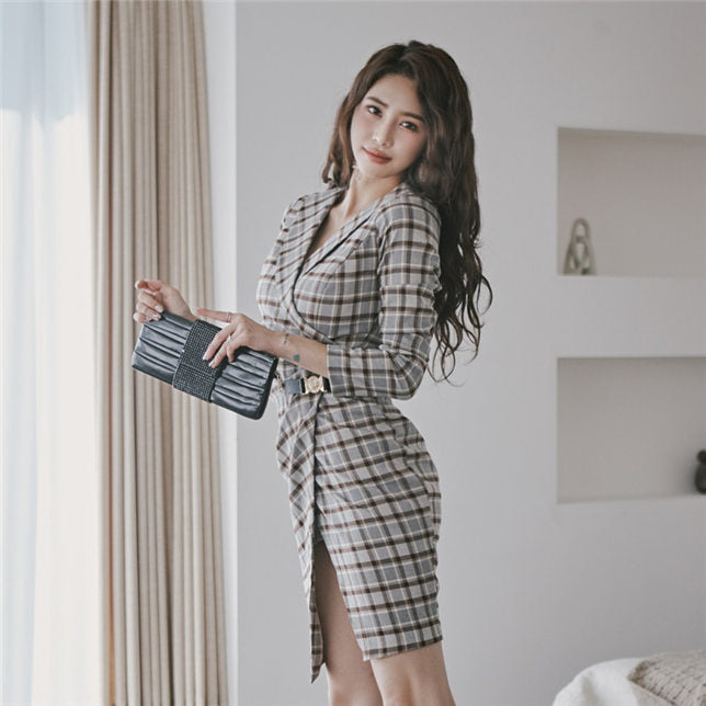 CM-DF111603 Women Casual Seoul Style Tailored Collar Fitted Waist Plaids Slim Dress
