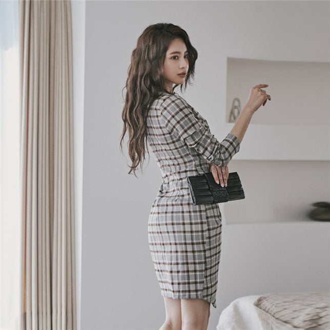 CM-DF111603 Women Casual Seoul Style Tailored Collar Fitted Waist Plaids Slim Dress