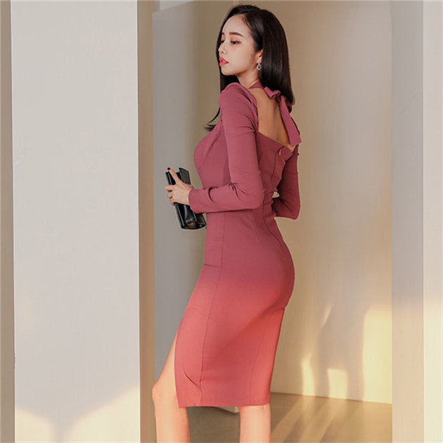 CM-DF111606 Women Casual Seoul Style Backless Halter Bodycon Long Sleeve Dress