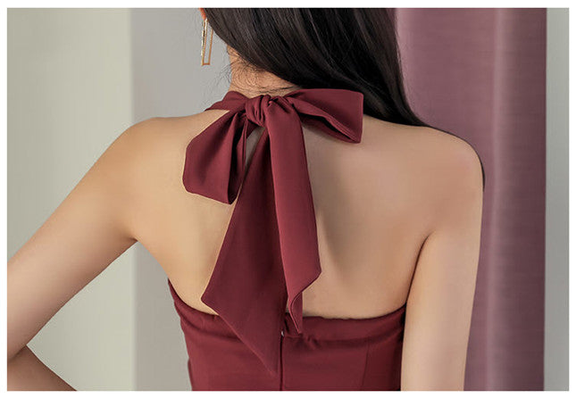 CM-DF111608 Women Casual Seoul Style Pleated V-Neck Halter Skinny Dress - Wine Red