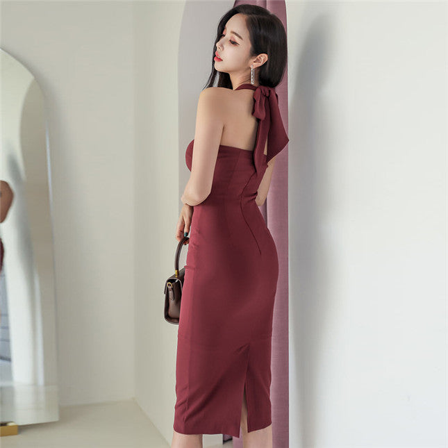 CM-DF111608 Women Casual Seoul Style Pleated V-Neck Halter Skinny Dress - Wine Red