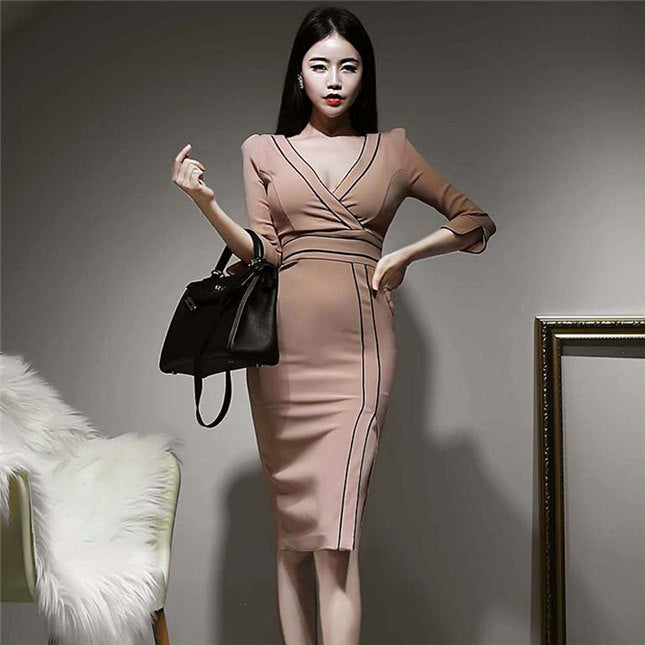 CM-DF111806 Women Casual Seoul Style V-Neck High Waist Split Bodycon Midi Dress