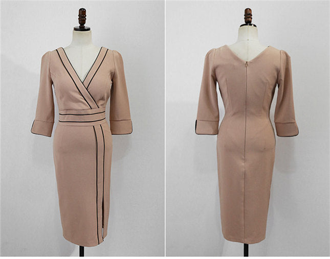 CM-DF111806 Women Casual Seoul Style V-Neck High Waist Split Bodycon Midi Dress