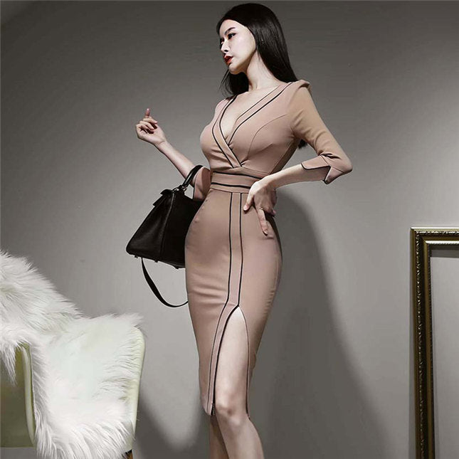 CM-DF111806 Women Casual Seoul Style V-Neck High Waist Split Bodycon Midi Dress