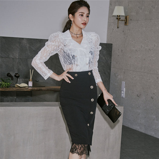 CM-SF111807 Women Elegant Seoul Style Transparent Lace Blouse With Skinny Midi Skirt - Set