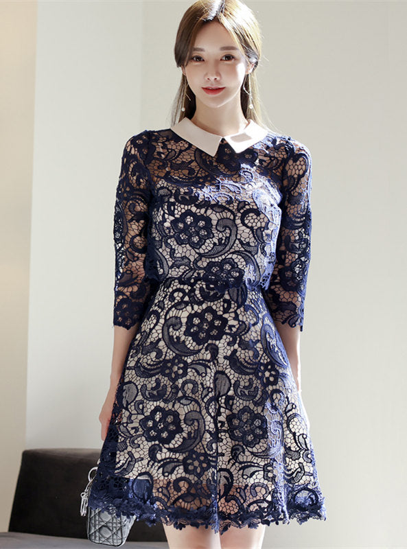 CM-DF111812 Women Elegant Seoul Style Doll Collar Lace Blouse With Straps A-Line Dress - Blue