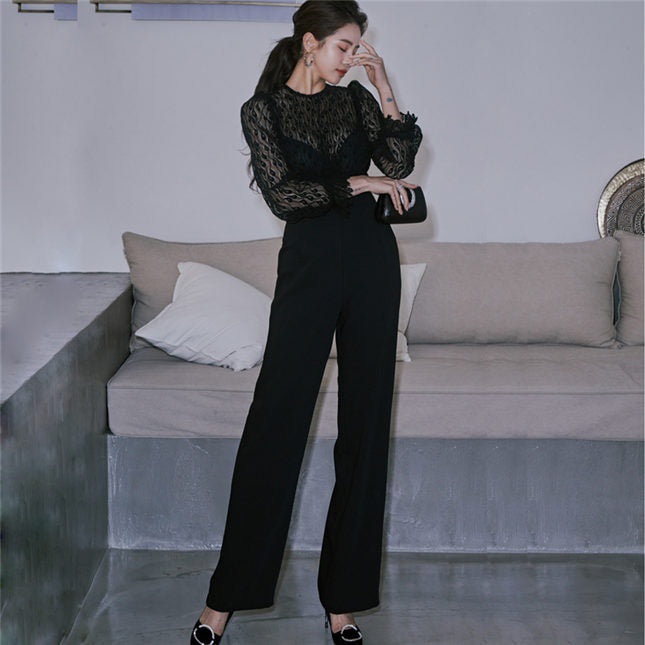 CM-JF111813 Women Elegant Seoul Style High Waist Lace Splicing Long Jumpsuit - Black
