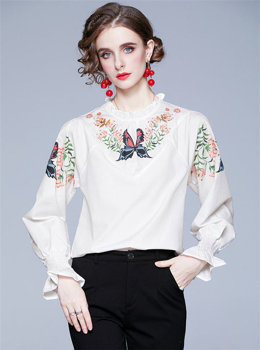 CM-TF111911 Women Casual Seoul Style Butterfly Floral Puff Sleeve Blouse