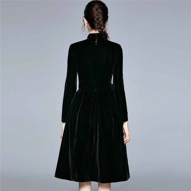 CM-DF111912 Women Elegant European Style Tie Bowknot Waist Velvet Long Dress - Black