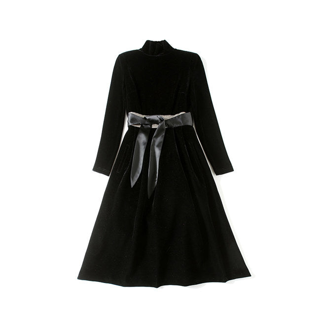 CM-DF111912 Women Elegant European Style Tie Bowknot Waist Velvet Long Dress - Black