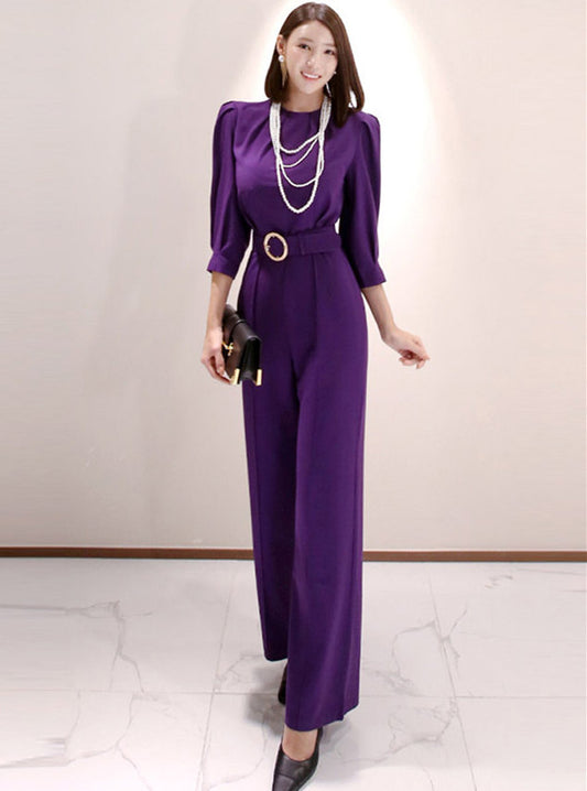 CM-JF112013 Women Elegant Seoul Style Long Sleeve High Waist Wide-Leg Long Jumpsuit - Purple