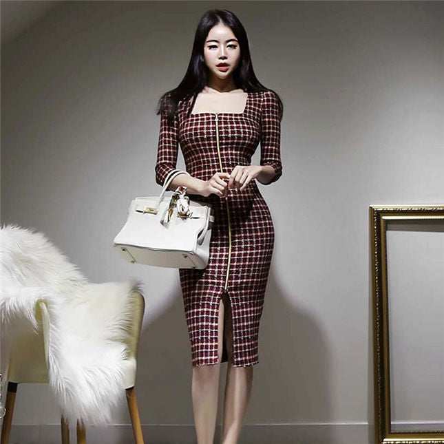 CM-DF112414 Women Casual Seoul Style Square Collar Zipper Open Plaids Slim Dress