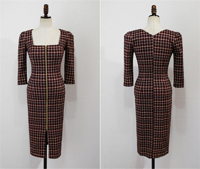 CM-DF112414 Women Casual Seoul Style Square Collar Zipper Open Plaids Slim Dress