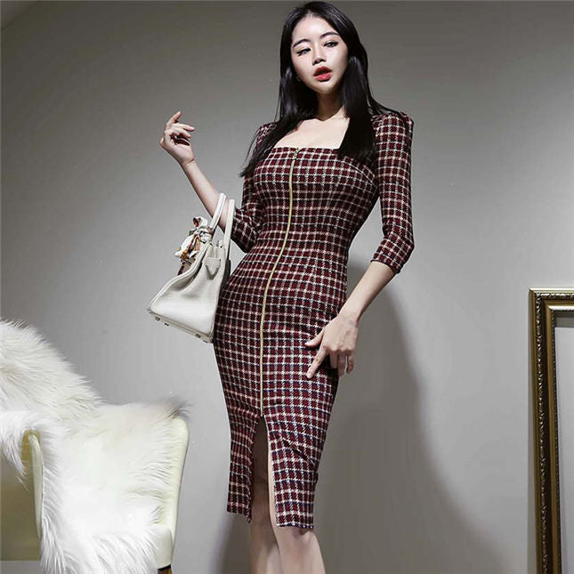 CM-DF112414 Women Casual Seoul Style Square Collar Zipper Open Plaids Slim Dress