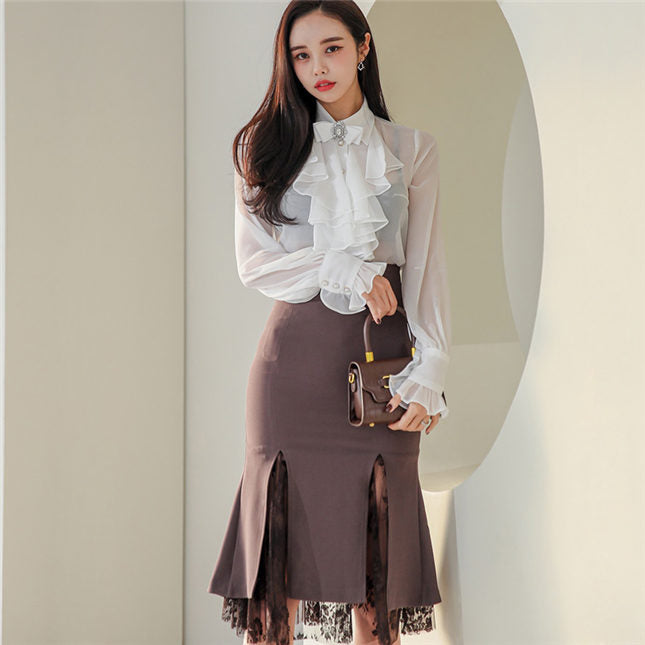 CM-SF112509 Women Elegant Seoul Style Flouncing Chiffon Blouse With Lace Fishtail Midi Skirt - Set