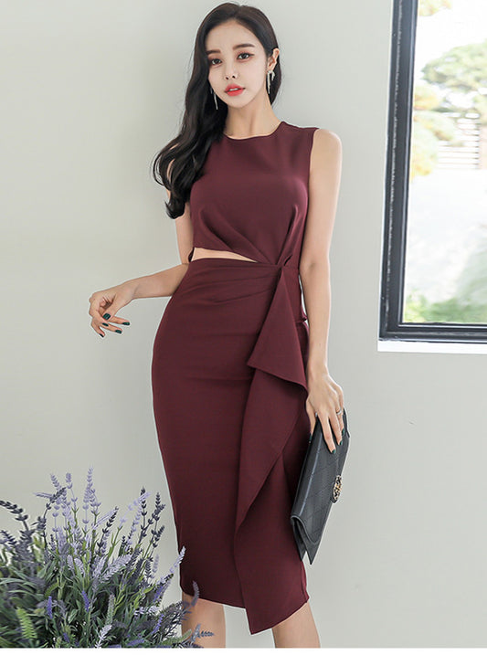 CM-DF112609 Women Casual Seoul Style Waist Hollow Out Flouncing Slim Tank Dress - Wine Red