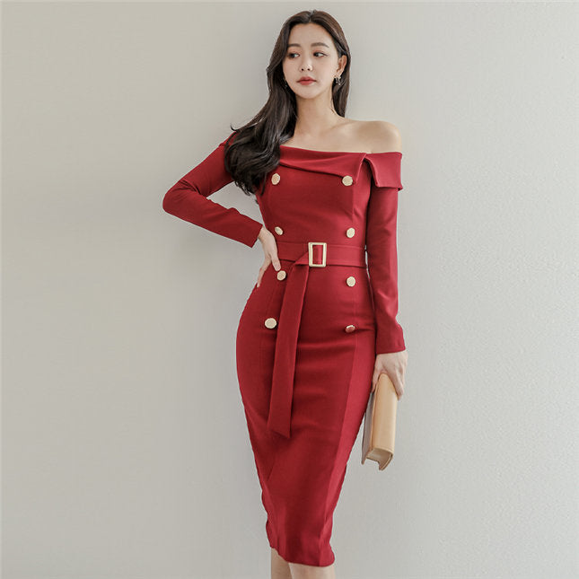CM-DF112613 Women Elegant Seoul Style Boat Neck Double-Breasted Slim Dress - Red