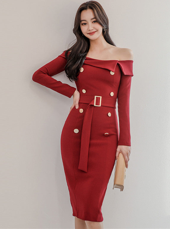 CM-DF112613 Women Elegant Seoul Style Boat Neck Double-Breasted Slim Dress - Red