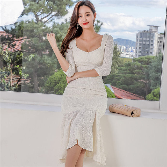 CM-DF112615 Women Elegant Seoul Style Half Sleeve Low Bust Fishtail Bodycon Dress - Apricot