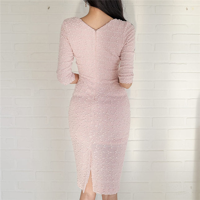 CM-DF112616 Women Casual Seoul Style Square Collar Mid-Sleeve Bodycon Dress - Pink
