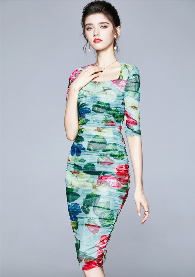 CM-DF112806 Women Charming European Style Square Collar Floral Pleated Slim Dress - Green