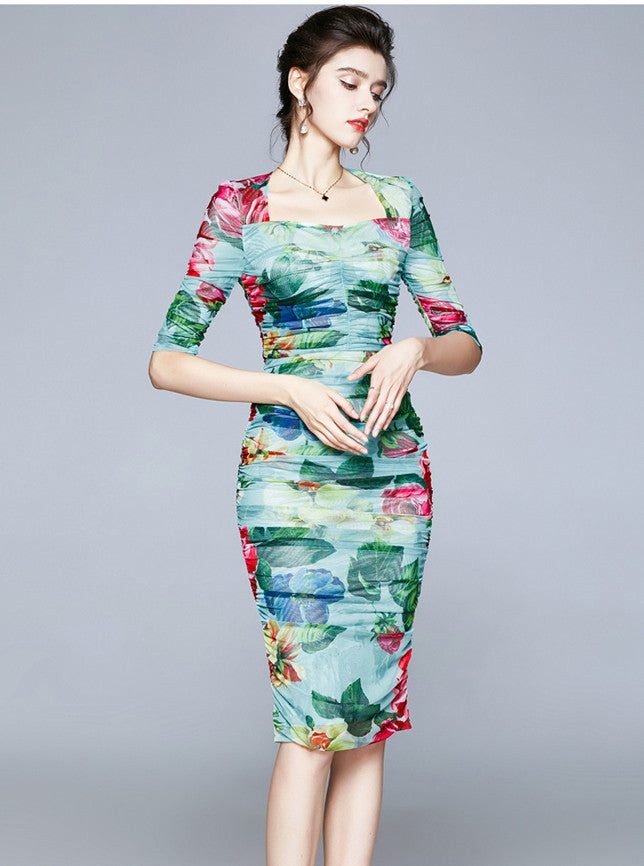 CM-DF112806 Women Charming European Style Square Collar Floral Pleated Slim Dress - Green