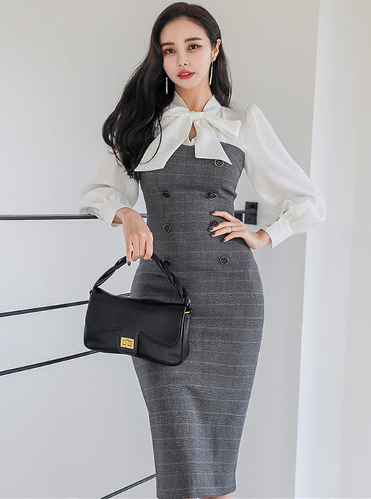 CM-DF112808 Women Casual Seoul Style Tie Bowknot Collar Double-Breasted Slim Dress